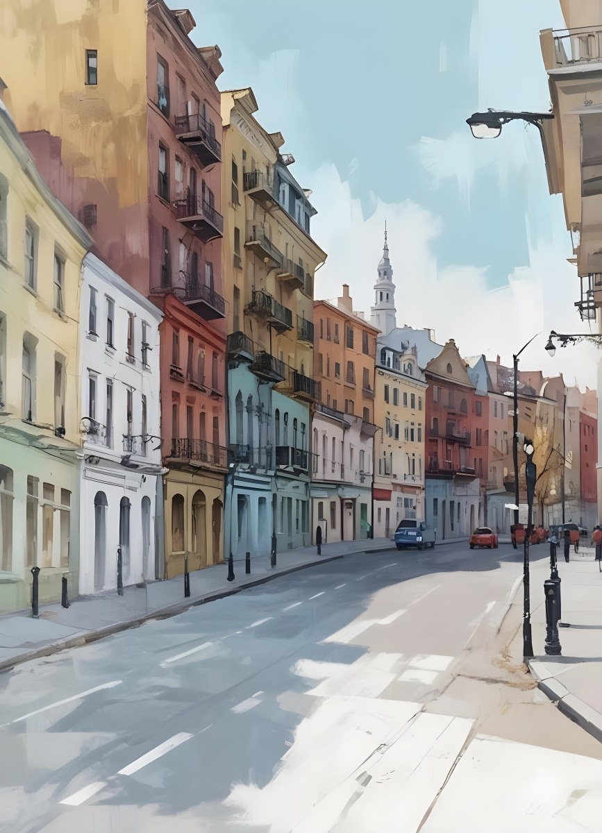 Oil Painting Row Of Colorful Houses With Plants In A City Street Creative Extremely Detailed Brush Stroke 7 F272
