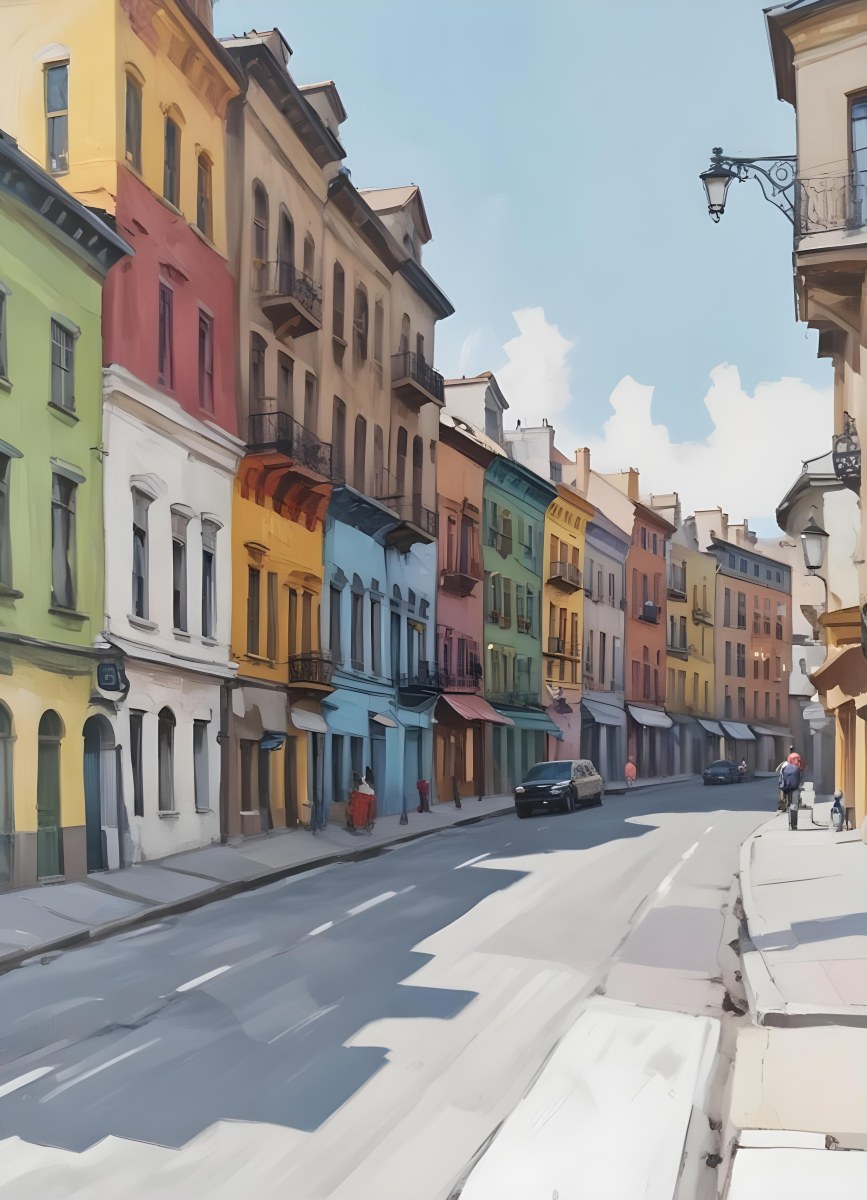 Oil Painting Row Of Colorful Houses With Plants In A City Street Creative Extremely Detailed Brush Stroke 8 65a0