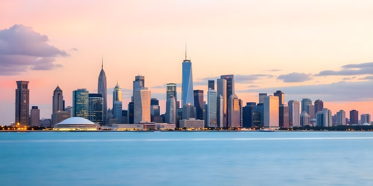 Skyline Of A Modern City With Skyscrapers Featuring A Mix Of Architectural Styles Set Against A Colorful Sky At Dusk With A Body Of Water In The Foreground 13 8e09