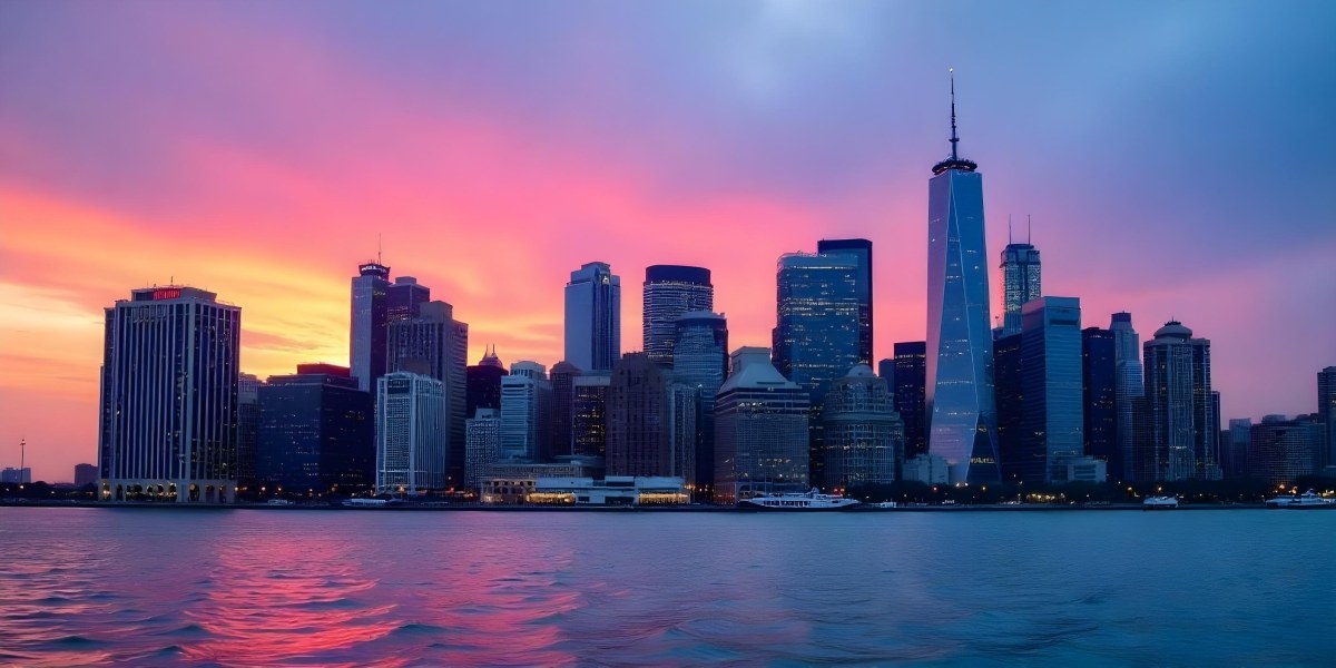 Skyline Of A Modern City With Skyscrapers Featuring A Mix Of Architectural Styles Set Against A Colorful Sky At Dusk With A Body Of Water In The Foreground 19 B381