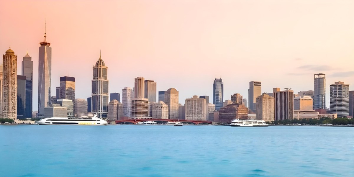 Skyline Of A Modern City With Skyscrapers Featuring A Mix Of Architectural Styles Set Against A Colorful Sky At Dusk With A Body Of Water In The Foreground 33 63c4