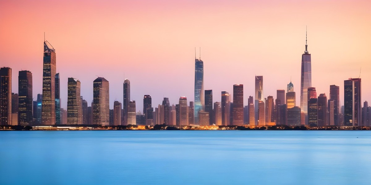 Skyline Of A Modern City With Skyscrapers Featuring A Mix Of Architectural Styles Set Against A Colorful Sky At Dusk With A Body Of Water In The Foreground 34 5d59