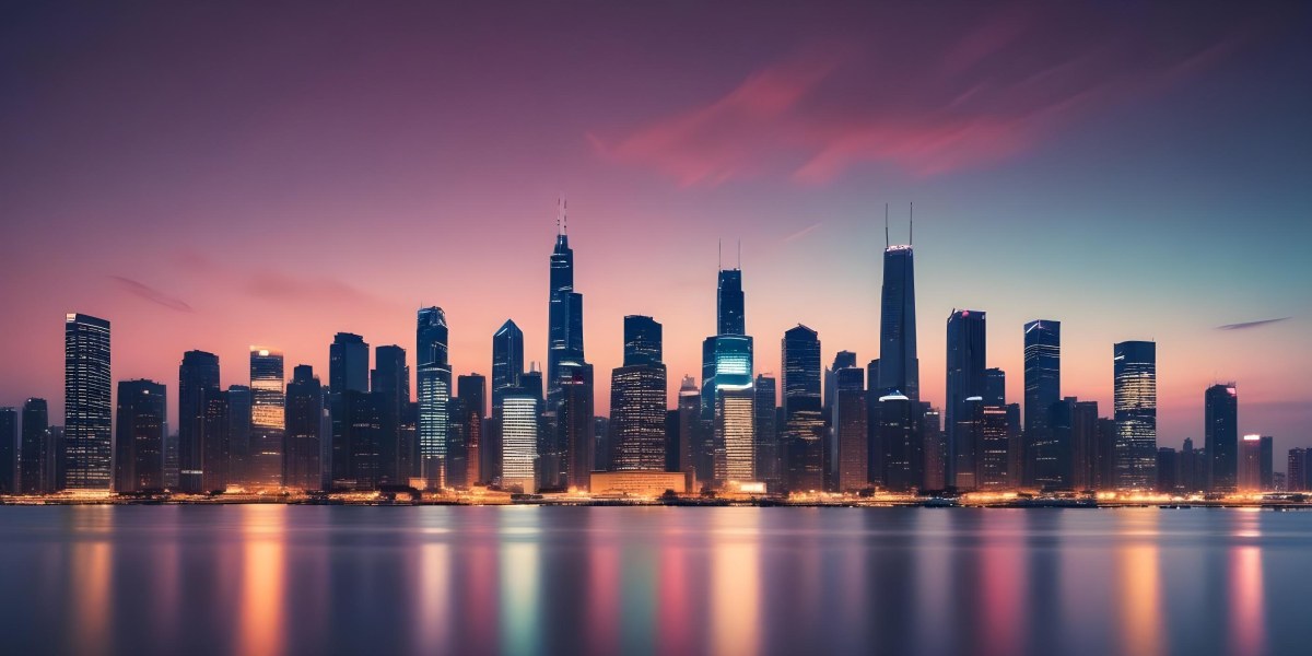 Skyline Of A Modern City With Skyscrapers Featuring A Mix Of Architectural Styles Set Against A Colorful Sky At Dusk With A Body Of Water In The Foreground 37 9664