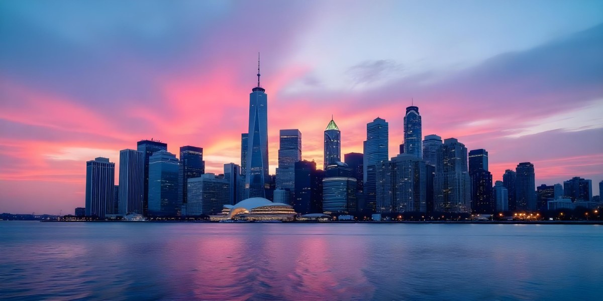 Skyline Of A Modern City With Skyscrapers Featuring A Mix Of Architectural Styles Set Against A Colorful Sky At Dusk With A Body Of Water In The Foreground 5 2ab7