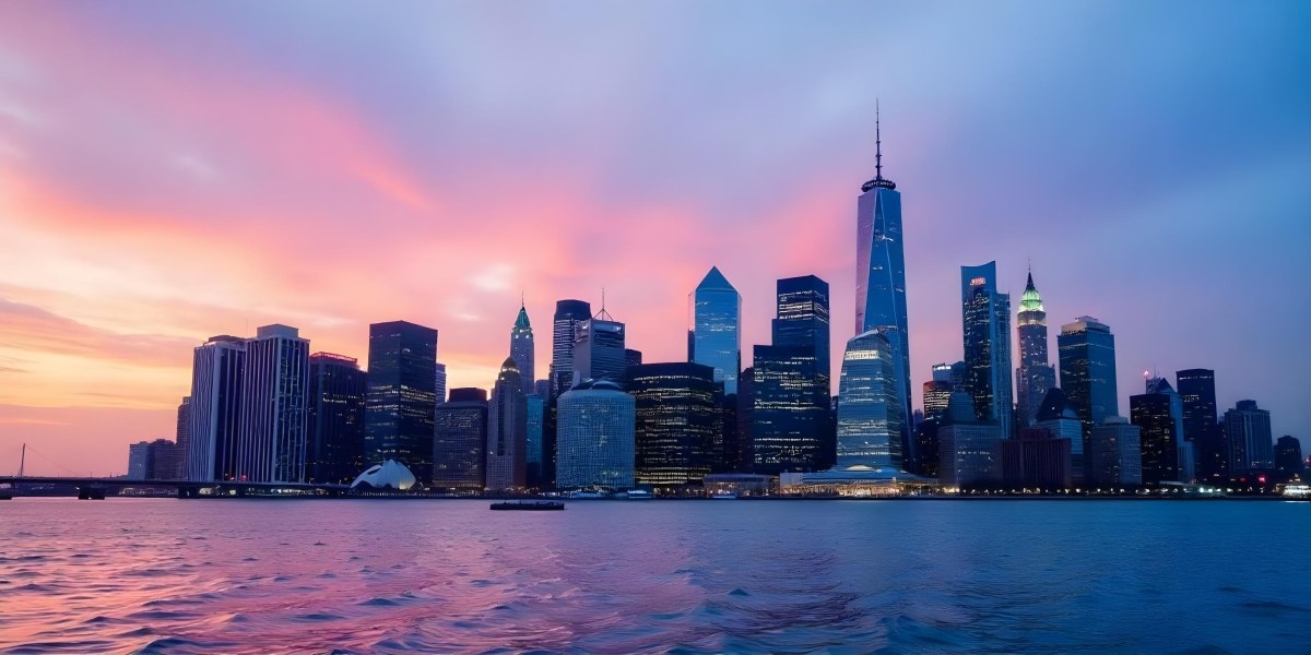 Skyline Of A Modern City With Skyscrapers Featuring A Mix Of Architectural Styles Set Against A Colorful Sky At Dusk With A Body Of Water In The Foreground 7 D1d7