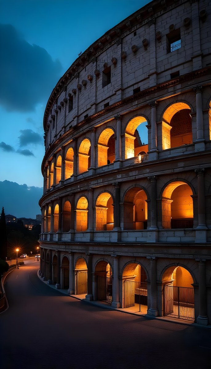 The Colosseum In Rome Italy Showcasing Its Ancient Architecture With Illuminated Arches And Weathered Stone Set Against A Twilight Sky With Distant City Lights 1 8696