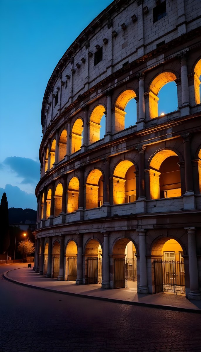 The Colosseum In Rome Italy Showcasing Its Ancient Architecture With Illuminated Arches And Weathered Stone Set Against A Twilight Sky With Distant City Lights 12 F03a