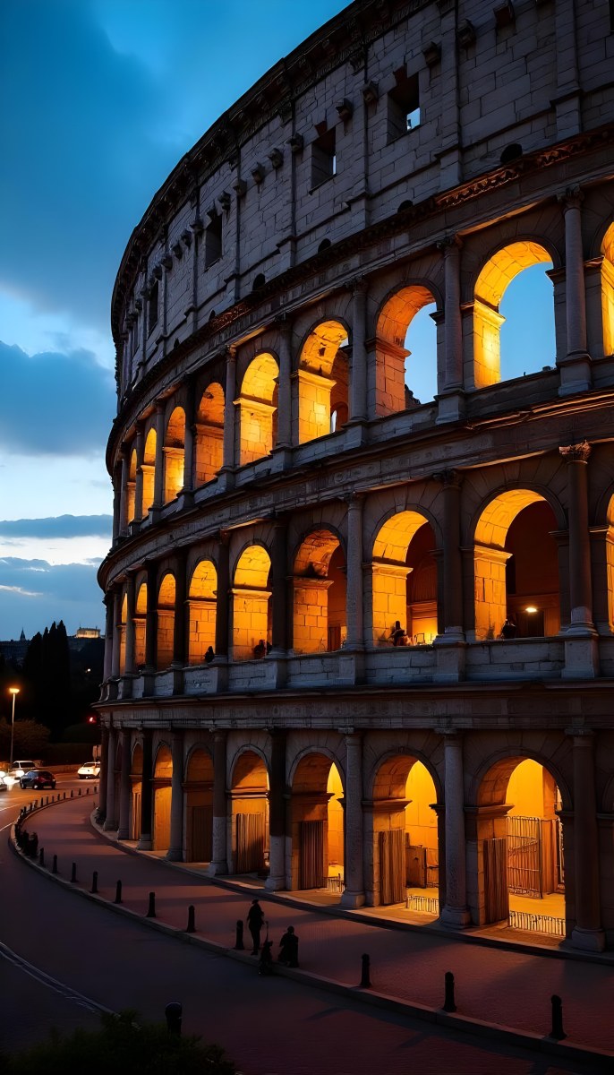 The Colosseum In Rome Italy Showcasing Its Ancient Architecture With Illuminated Arches And Weathered Stone Set Against A Twilight Sky With Distant City Lights 16 8533
