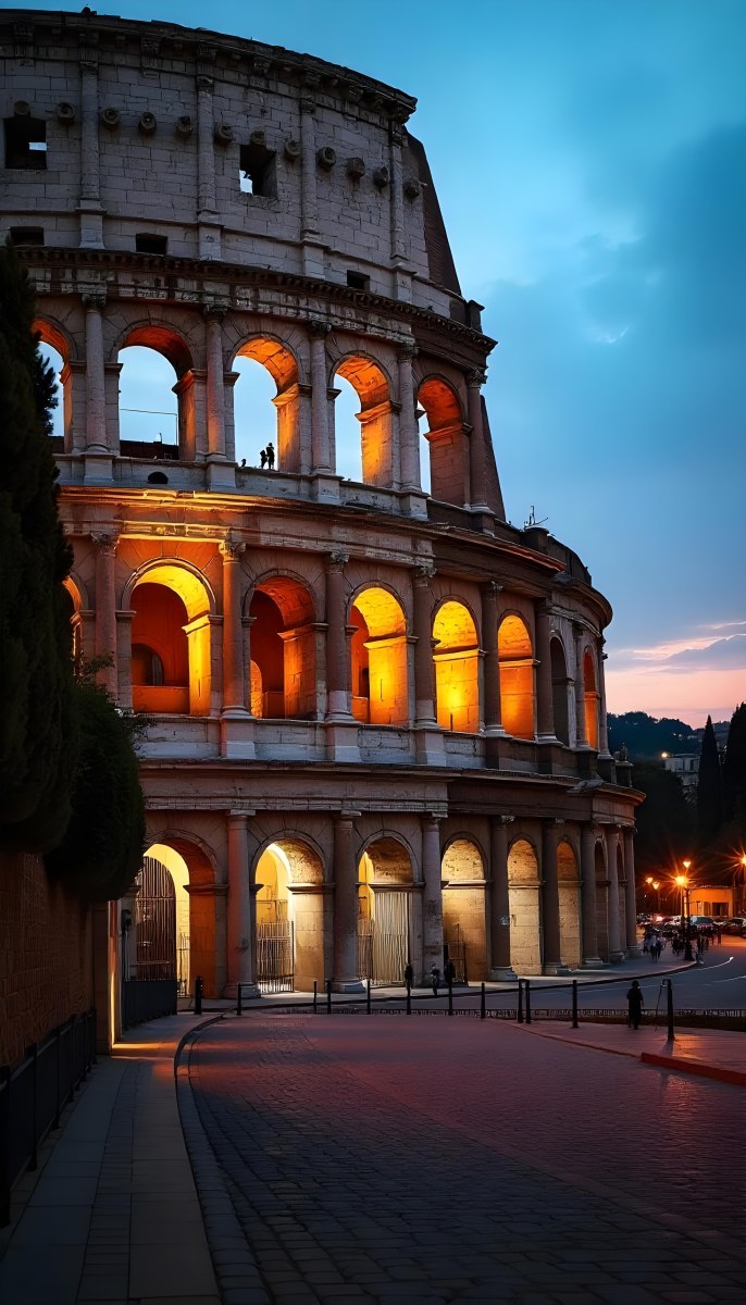 The Colosseum In Rome Italy Showcasing Its Ancient Architecture With Illuminated Arches And Weathered Stone Set Against A Twilight Sky With Distant City Lights 20 Ee9e