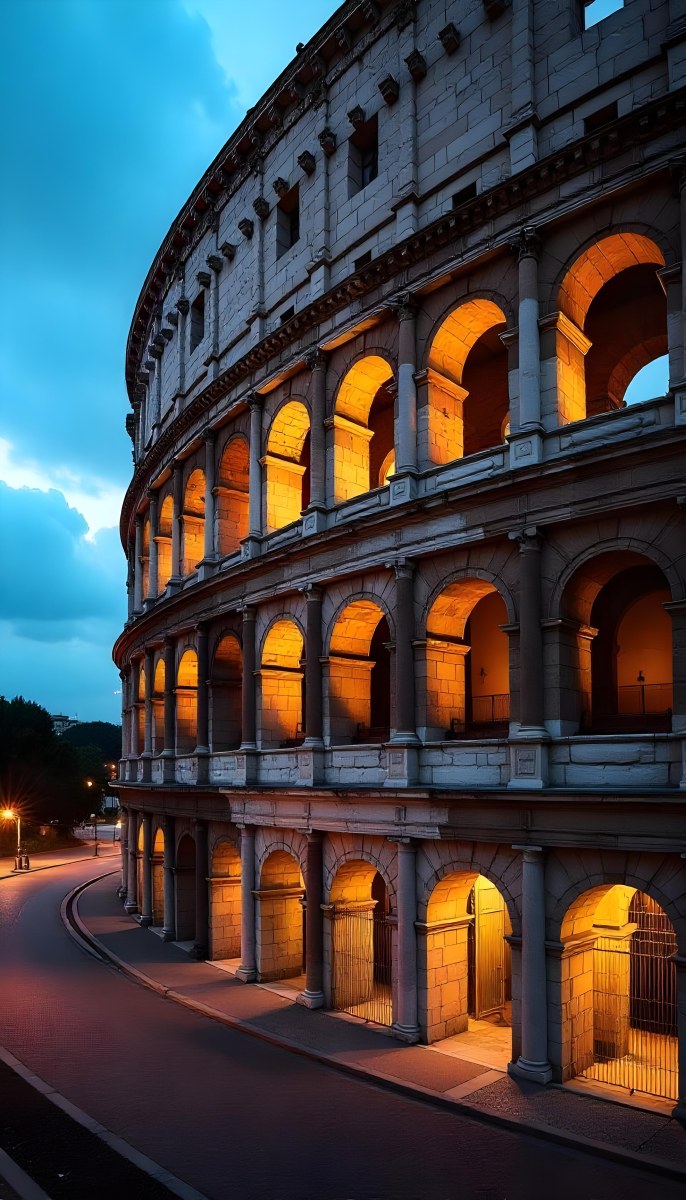 The Colosseum In Rome Italy Showcasing Its Ancient Architecture With Illuminated Arches And Weathered Stone Set Against A Twilight Sky With Distant City Lights 21 1c32