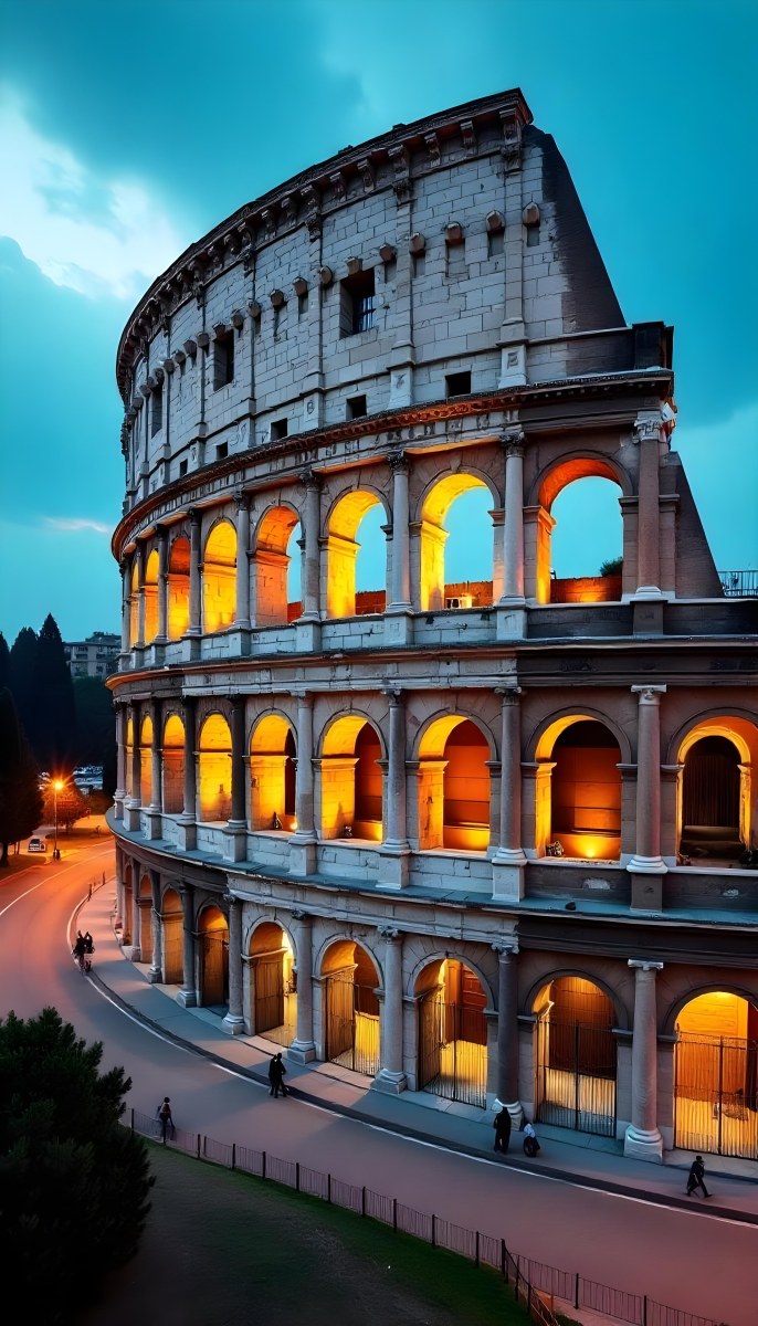 The Colosseum In Rome Italy Showcasing Its Ancient Architecture With Illuminated Arches And Weathered Stone Set Against A Twilight Sky With Distant City Lights 24 208d