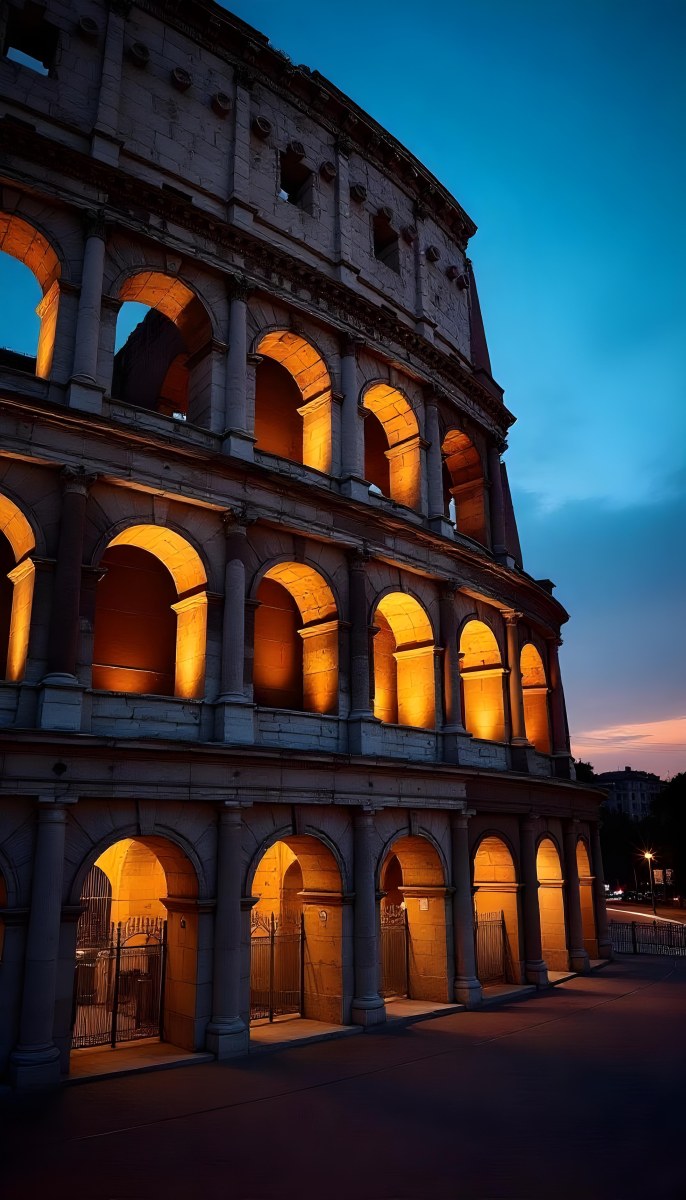 The Colosseum In Rome Italy Showcasing Its Ancient Architecture With Illuminated Arches And Weathered Stone Set Against A Twilight Sky With Distant City Lights 25 56a3