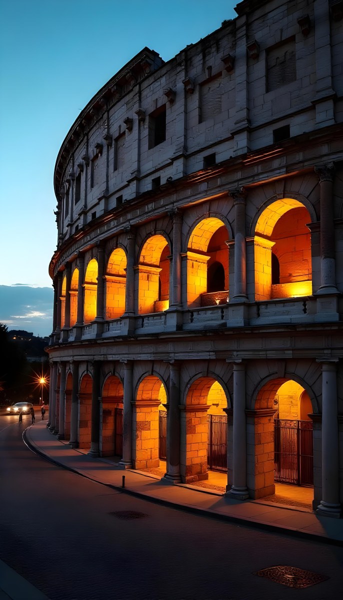 The Colosseum In Rome Italy Showcasing Its Ancient Architecture With Illuminated Arches And Weathered Stone Set Against A Twilight Sky With Distant City Lights 26 778f