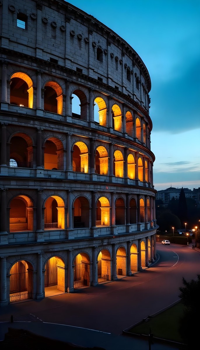 The Colosseum In Rome Italy Showcasing Its Ancient Architecture With Illuminated Arches And Weathered Stone Set Against A Twilight Sky With Distant City Lights 27 Efa8