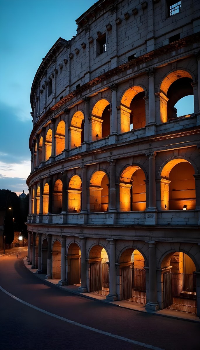 The Colosseum In Rome Italy Showcasing Its Ancient Architecture With Illuminated Arches And Weathered Stone Set Against A Twilight Sky With Distant City Lights 3 2d6b