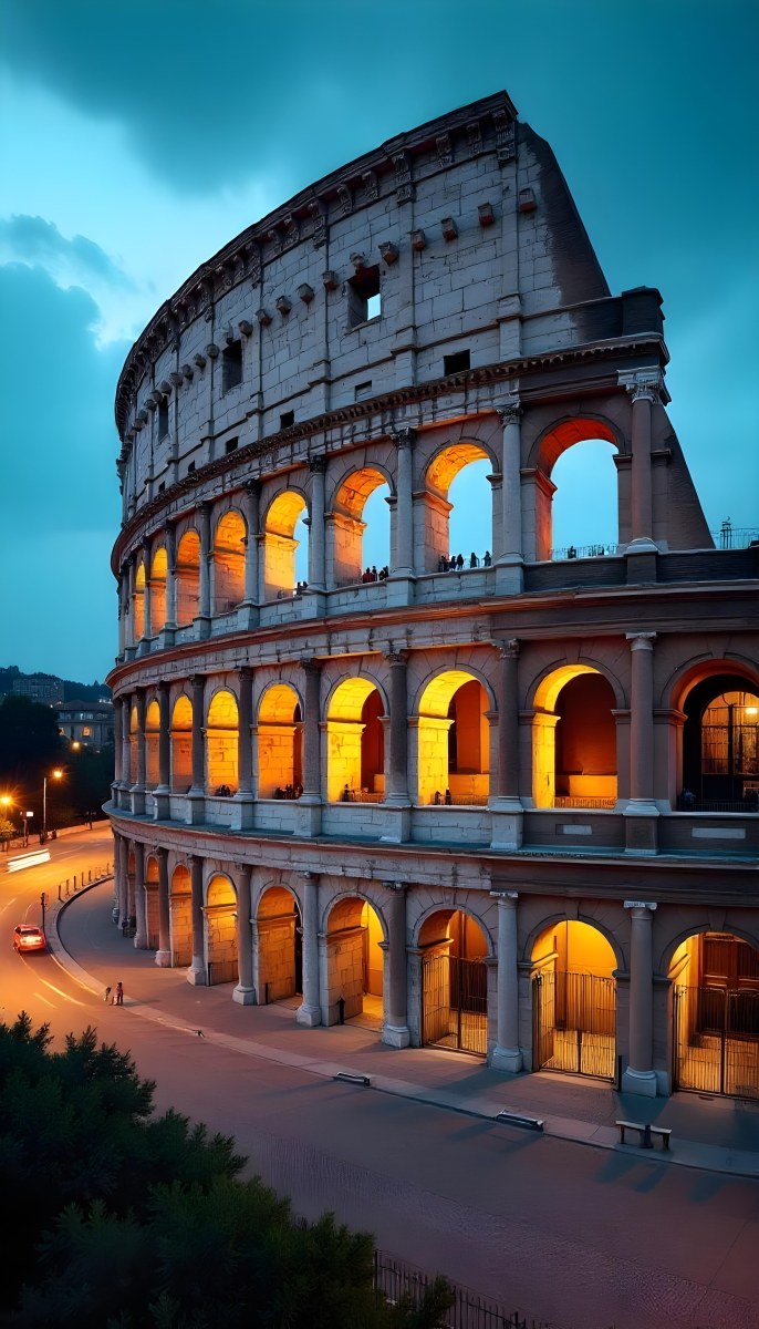 The Colosseum In Rome Italy Showcasing Its Ancient Architecture With Illuminated Arches And Weathered Stone Set Against A Twilight Sky With Distant City Lights 30 6ef2