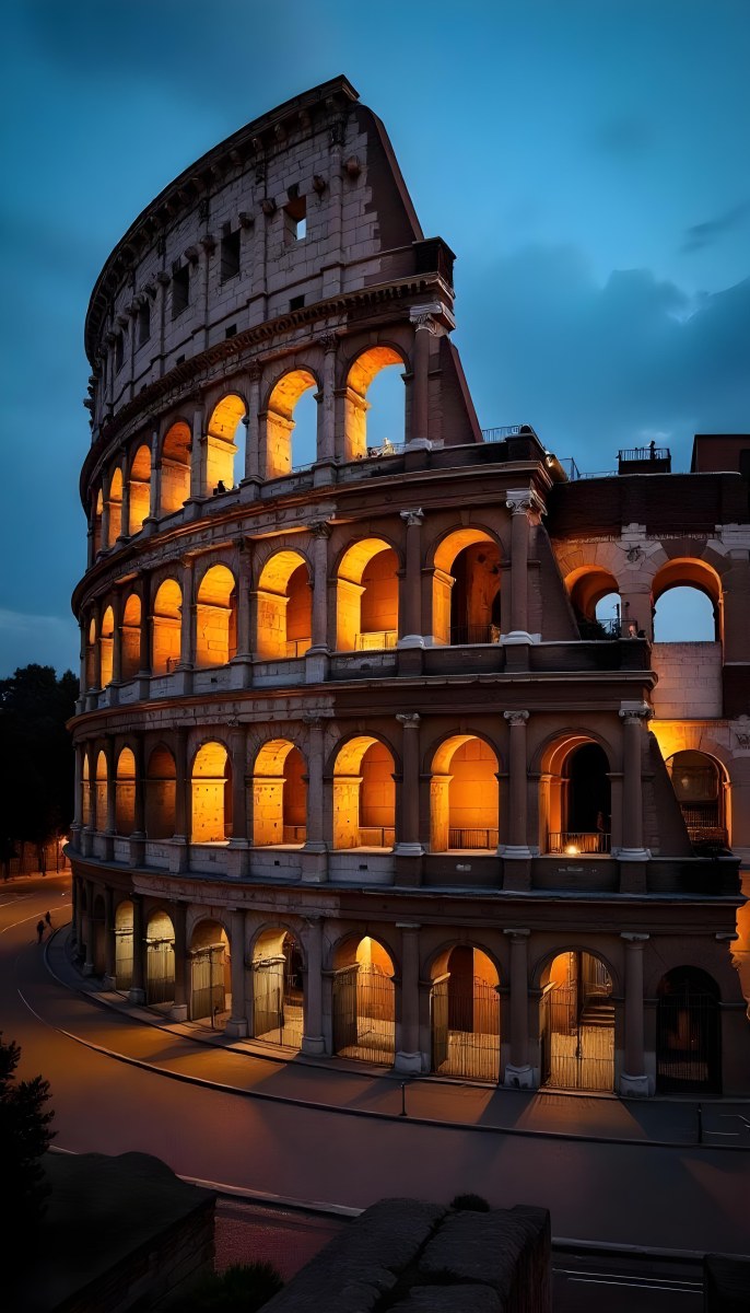 The Colosseum In Rome Italy Showcasing Its Ancient Architecture With Illuminated Arches And Weathered Stone Set Against A Twilight Sky With Distant City Lights 4 5328