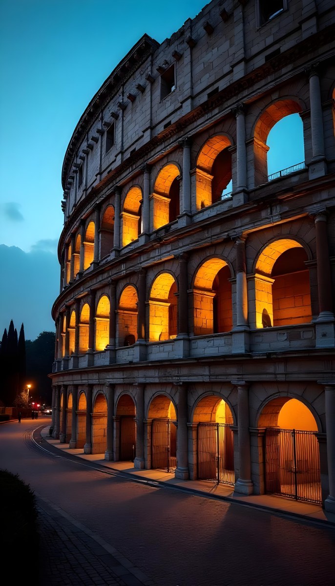 The Colosseum In Rome Italy Showcasing Its Ancient Architecture With Illuminated Arches And Weathered Stone Set Against A Twilight Sky With Distant City Lights 5 B72d
