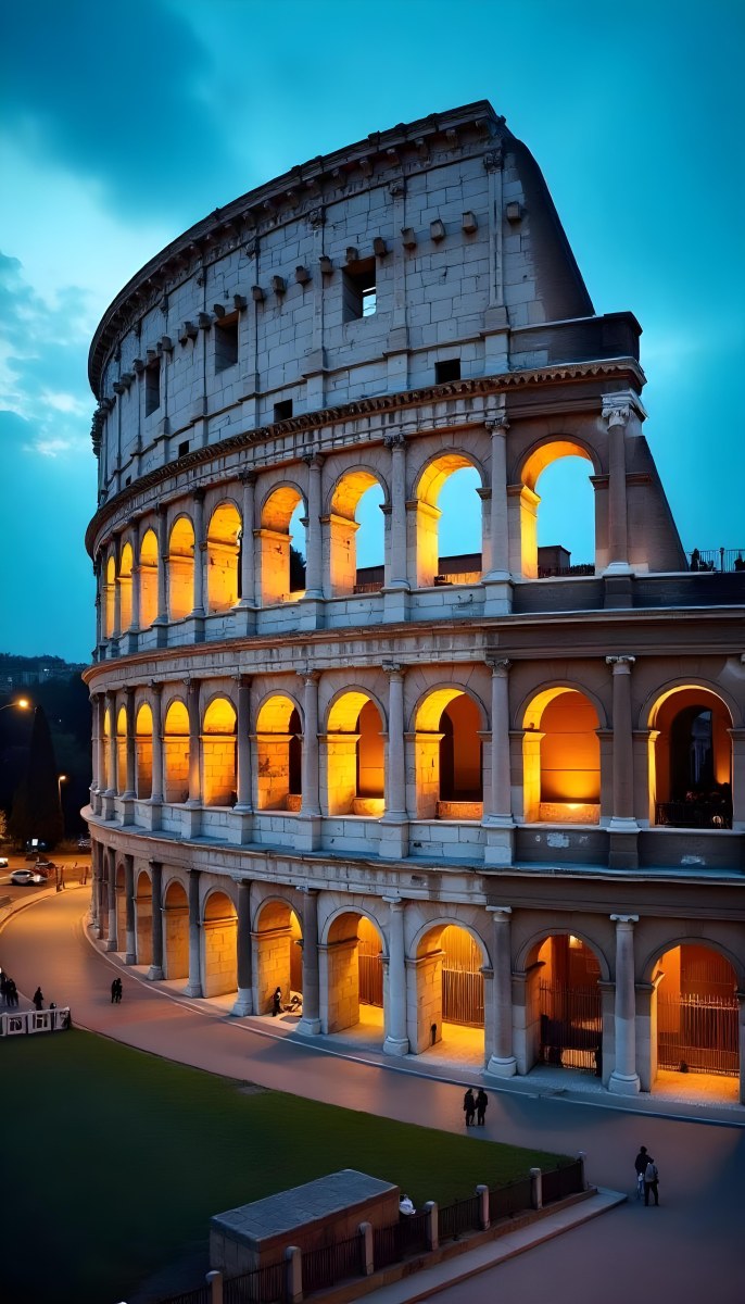The Colosseum In Rome Italy Showcasing Its Ancient Architecture With Illuminated Arches And Weathered Stone Set Against A Twilight Sky With Distant City Lights 6 Fa75