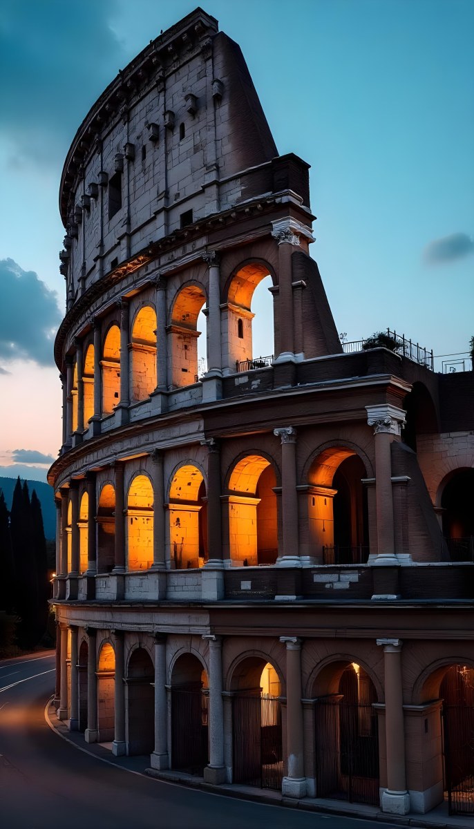 The Colosseum In Rome Italy Showcasing Its Ancient Architecture With Illuminated Arches And Weathered Stone Set Against A Twilight Sky With Distant City Lights 7 9d2e