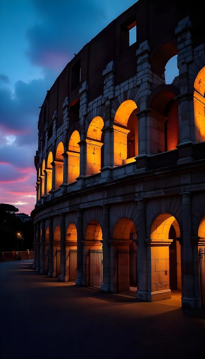 The Colosseum In Rome Italy Showcasing Its Ancient Architecture With Illuminated Arches And Weathered Stone Set Against A Twilight Sky With Distant City Lights 8 7bbd