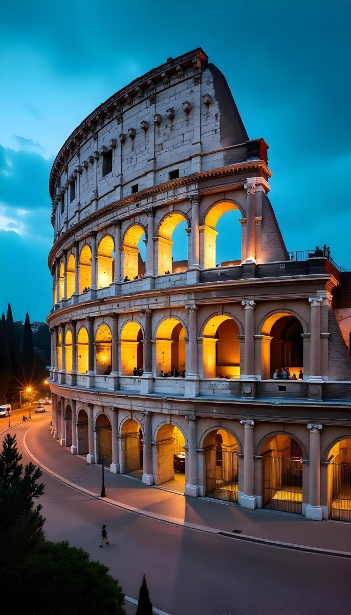 The Colosseum In Rome Italy Showcasing Its Ancient Architecture With Illuminated Arches And Weathered Stone Set Against A Twilight Sky With Distant City Lights 9 37d2