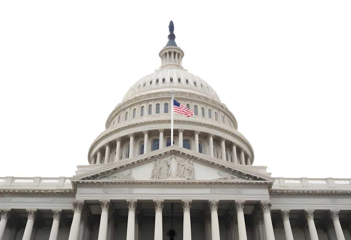 The United States Capitol Building With The American Flag Waving In The Wind The Sky Is White 16 5fe7