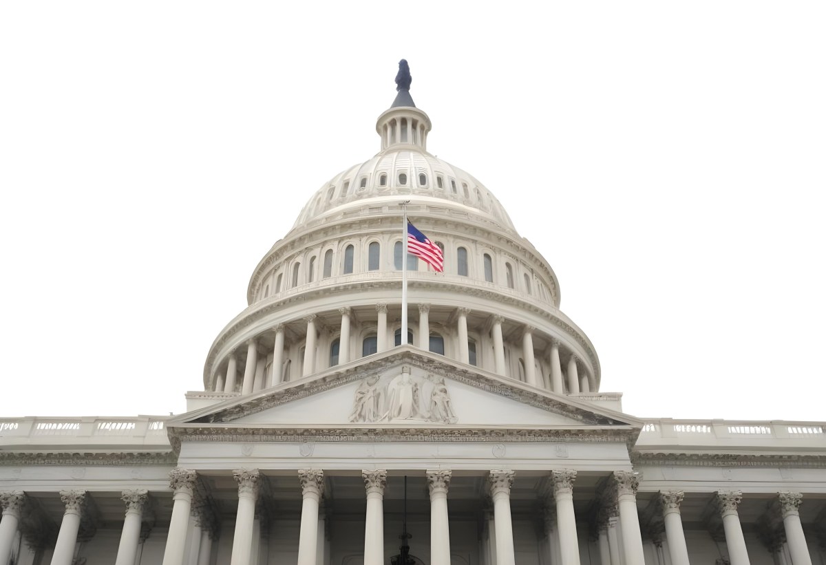 The United States Capitol Building With The American Flag Waving In The Wind The Sky Is White 18 1f2c