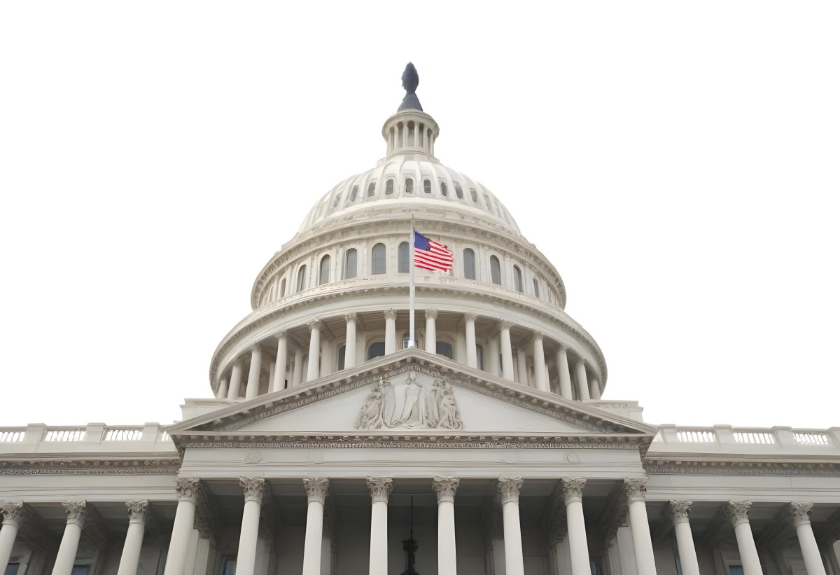 The United States Capitol Building With The American Flag Waving In The Wind The Sky Is White 19 4d0b