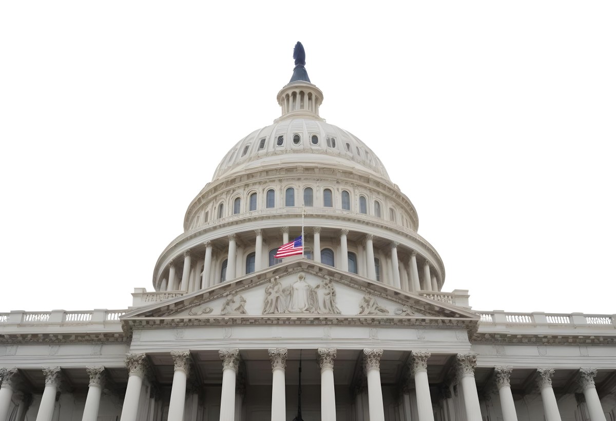 The United States Capitol Building With The American Flag Waving In The Wind The Sky Is White 23 4323