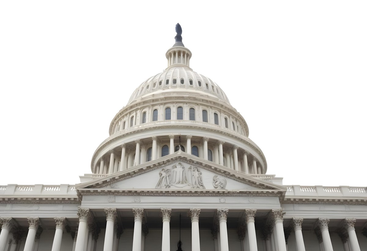 The United States Capitol Building With The American Flag Waving In The Wind The Sky Is White 4 3054