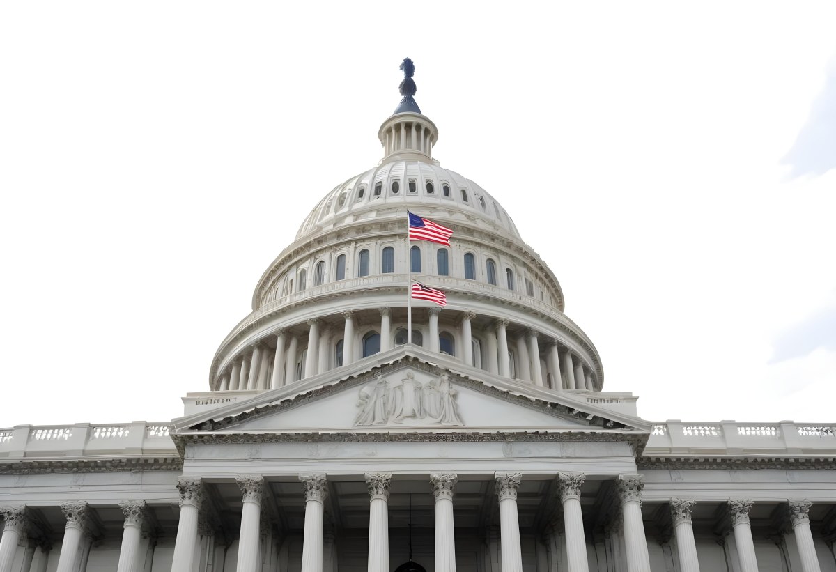 The United States Capitol Building With The American Flag Waving In The Wind The Sky Is White 8 F4a6
