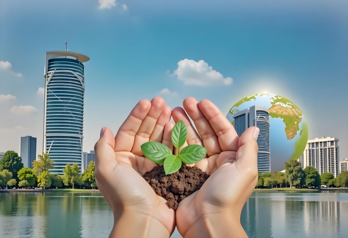 Two Hands Holding A Green Sprout In The Background A City With Skyscrapers And A Globe Concept Of Environmental Protection And Sustainability 10 Be3c