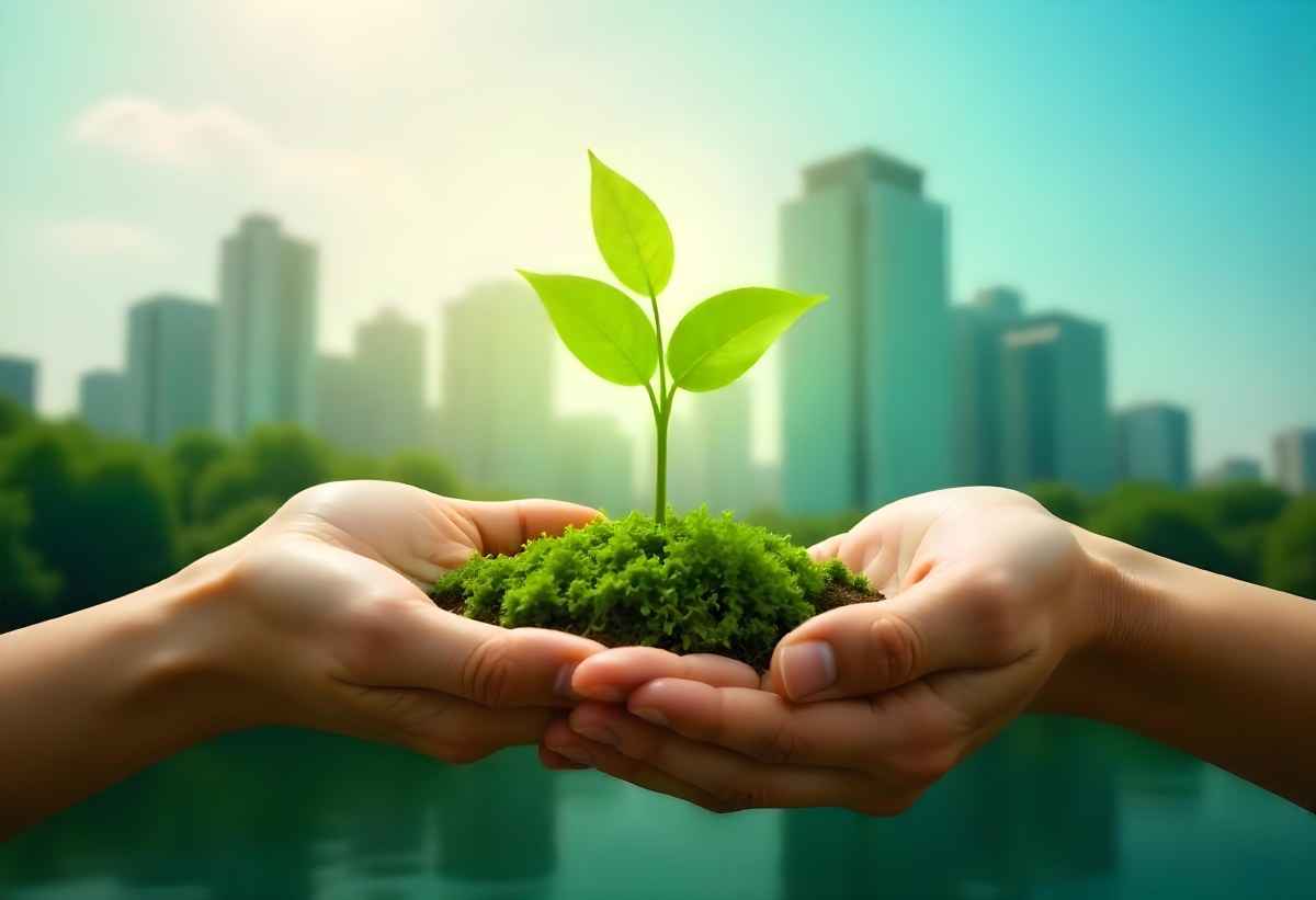 Two Hands Holding A Green Sprout In The Background A City With Skyscrapers And A Globe Concept Of Environmental Protection And Sustainability 13 Eb5b