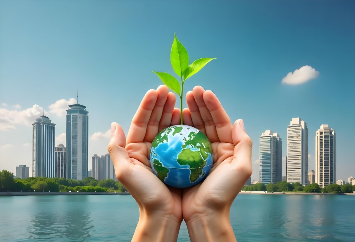Two Hands Holding A Green Sprout In The Background A City With Skyscrapers And A Globe Concept Of Environmental Protection And Sustainability 14 78c9