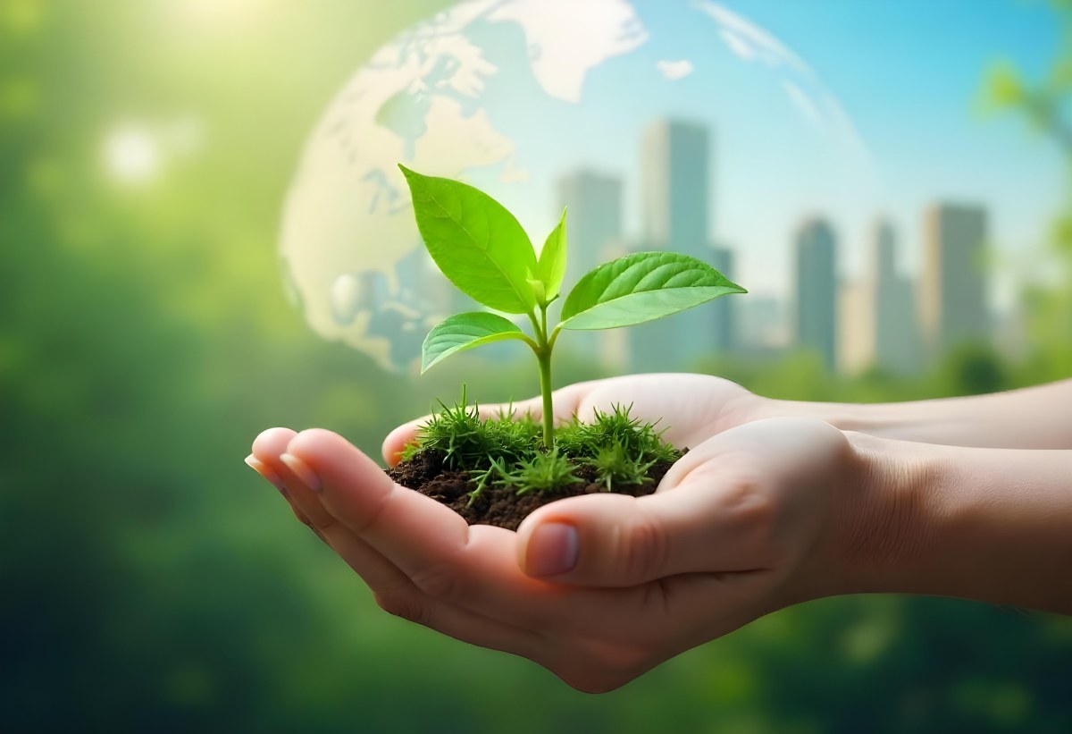 Two Hands Holding A Green Sprout In The Background A City With Skyscrapers And A Globe Concept Of Environmental Protection And Sustainability 19 9ceb