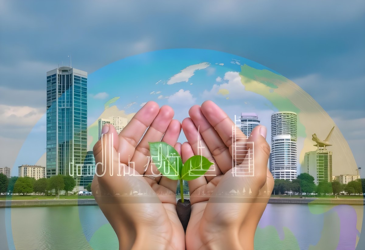 Two Hands Holding A Green Sprout In The Background A City With Skyscrapers And A Globe Concept Of Environmental Protection And Sustainability 22 1c75