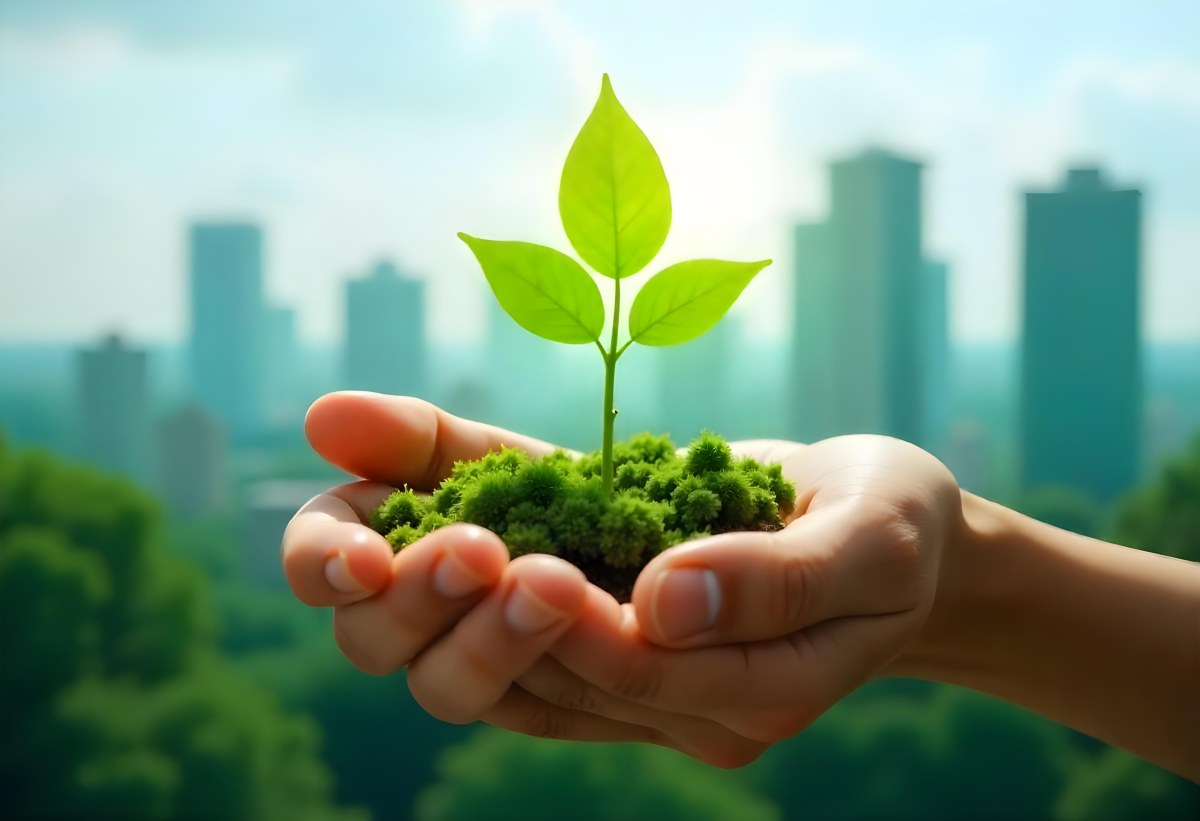 Two Hands Holding A Green Sprout In The Background A City With Skyscrapers And A Globe Concept Of Environmental Protection And Sustainability 28 0d5d