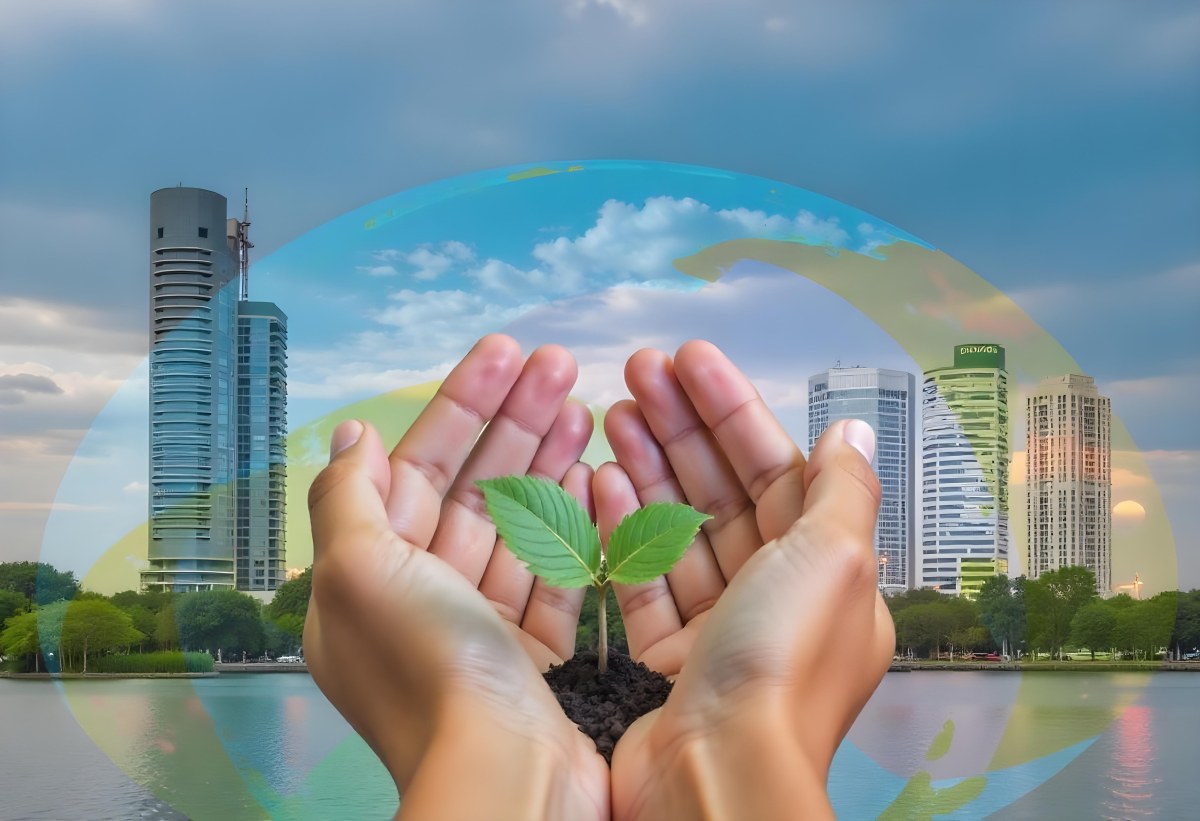 Two Hands Holding A Green Sprout In The Background A City With Skyscrapers And A Globe Concept Of Environmental Protection And Sustainability 29 7796