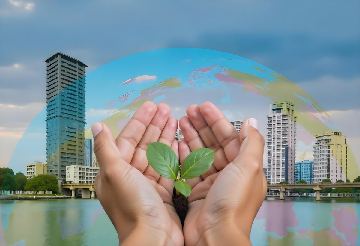 Two Hands Holding A Green Sprout In The Background A City With Skyscrapers And A Globe Concept Of Environmental Protection And Sustainability 3 D13b