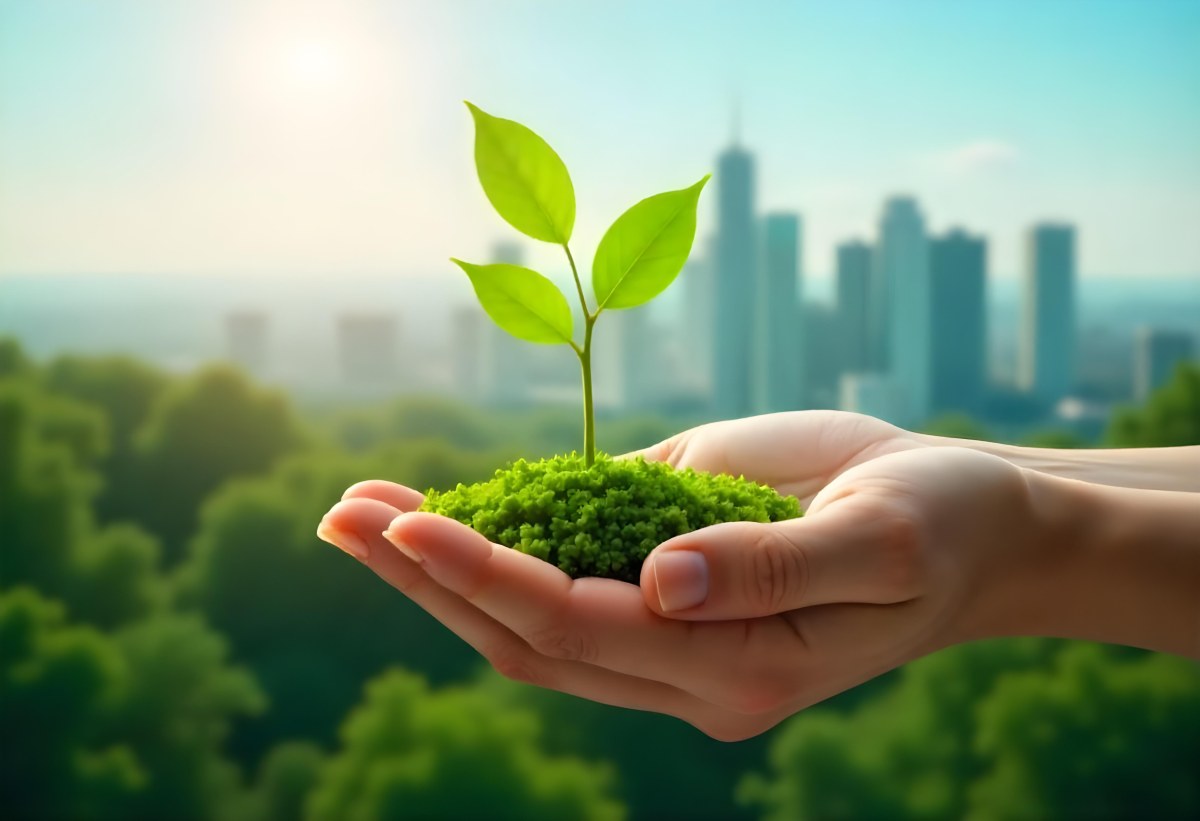 Two Hands Holding A Green Sprout In The Background A City With Skyscrapers And A Globe Concept Of Environmental Protection And Sustainability 30 66c6
