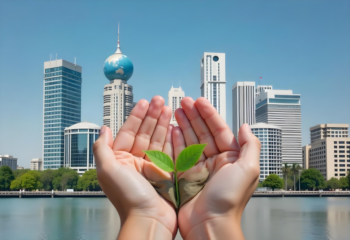 Two Hands Holding A Green Sprout In The Background A City With Skyscrapers And A Globe Concept Of Environmental Protection And Sustainability 31 7241