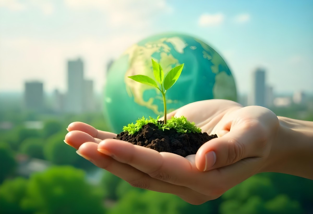 Two Hands Holding A Green Sprout In The Background A City With Skyscrapers And A Globe Concept Of Environmental Protection And Sustainability 33 4db4