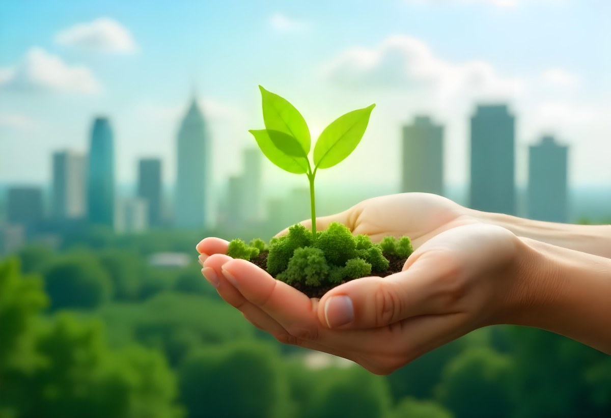 Two Hands Holding A Green Sprout In The Background A City With Skyscrapers And A Globe Concept Of Environmental Protection And Sustainability 4 3e4f