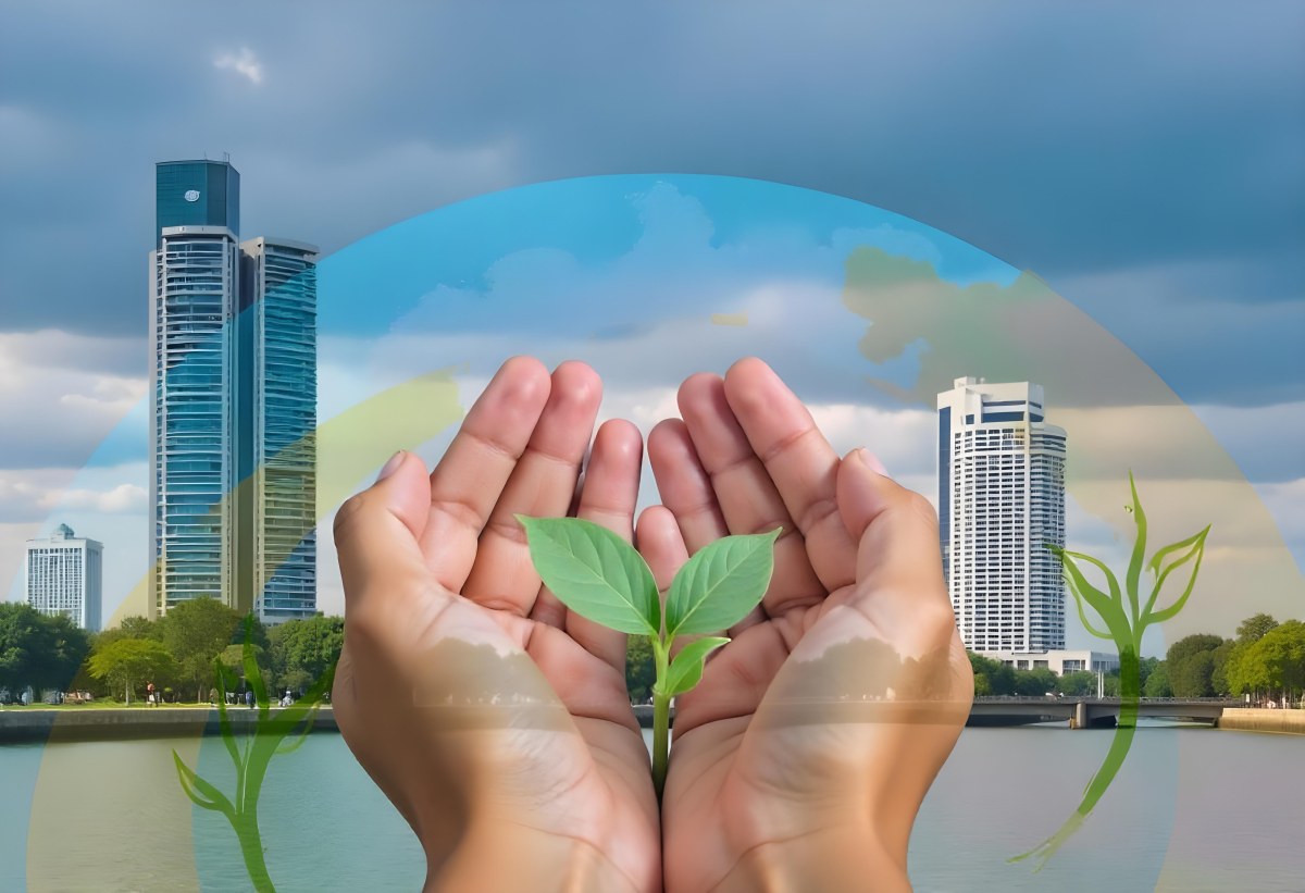 Two Hands Holding A Green Sprout In The Background A City With Skyscrapers And A Globe Concept Of Environmental Protection And Sustainability 5 Bdf3