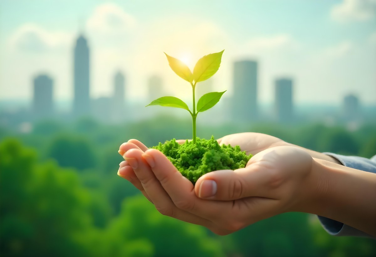 Two Hands Holding A Green Sprout In The Background A City With Skyscrapers And A Globe Concept Of Environmental Protection And Sustainability 8 2a74