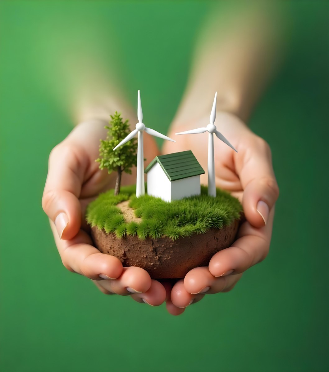 Two Hands Protecting A Green Earth Globe The Globe Is Covered In Lush Green Vegetation The Background Is A Blur Of Green Foliage 22 Fdde