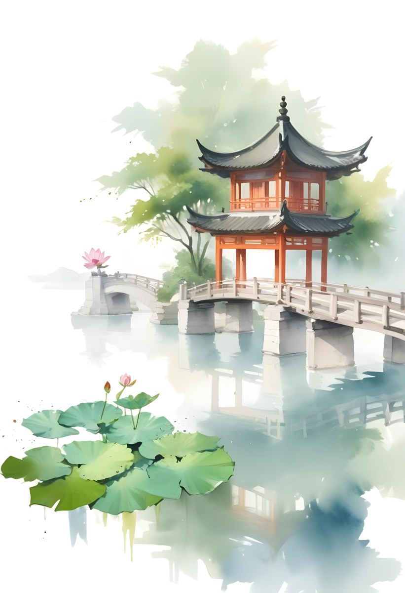 Watercolor Painting A Chinese Pagoda On A Bridge With Lotus Flowers In The Foreground Creative Detailed Brush Stroke Minimal Spalsh 13 8ed6