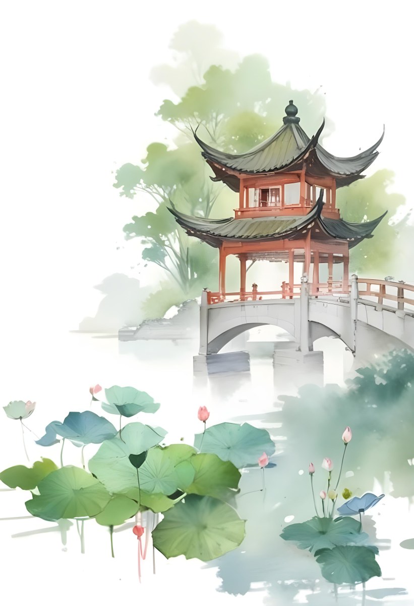 Watercolor Painting A Chinese Pagoda On A Bridge With Lotus Flowers In The Foreground Creative Detailed Brush Stroke Minimal Spalsh 23 3686