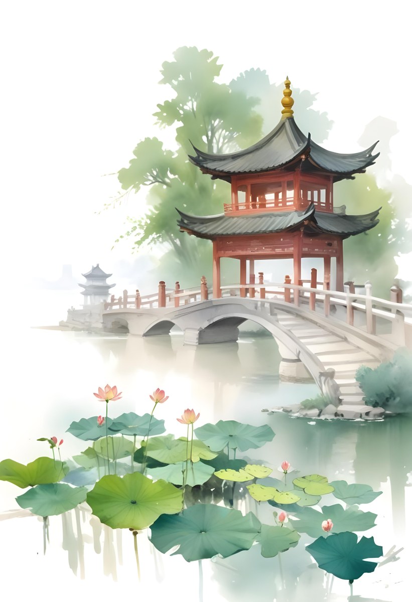 Watercolor Painting A Chinese Pagoda On A Bridge With Lotus Flowers In The Foreground Creative Detailed Brush Stroke Minimal Spalsh 29 E5f1